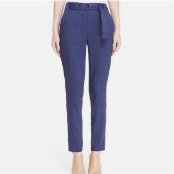 Vince Women's Blue Elastic Waist Belted Linen Blend Trousers Slim Pants Size 2 - Picture 1 of 14
